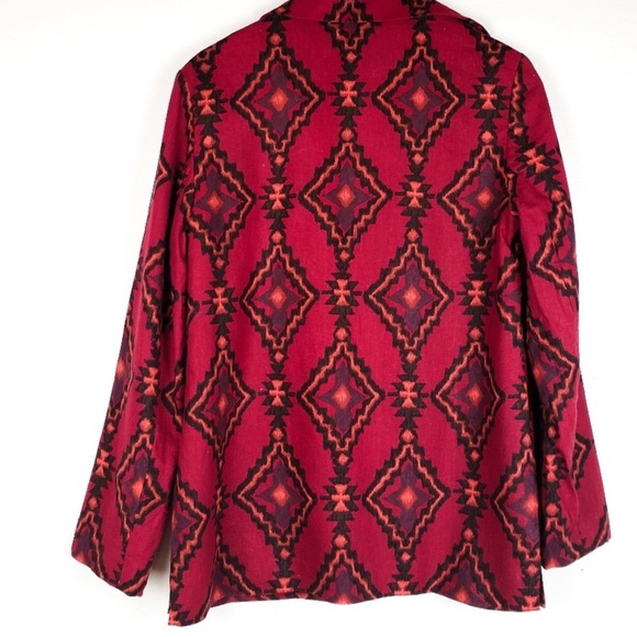 Kasper Red Southwestern Aztec Print Linen Rayon Blend Open Front Blazer Size 14 - Picture 3 of 14